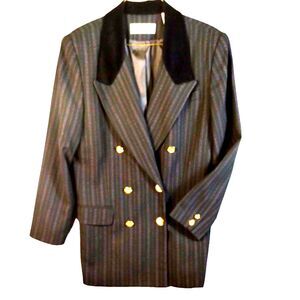 Amanda Smith Blazer Women's 12P Black Wool Double Breasted Lined Pin Stripe VTG